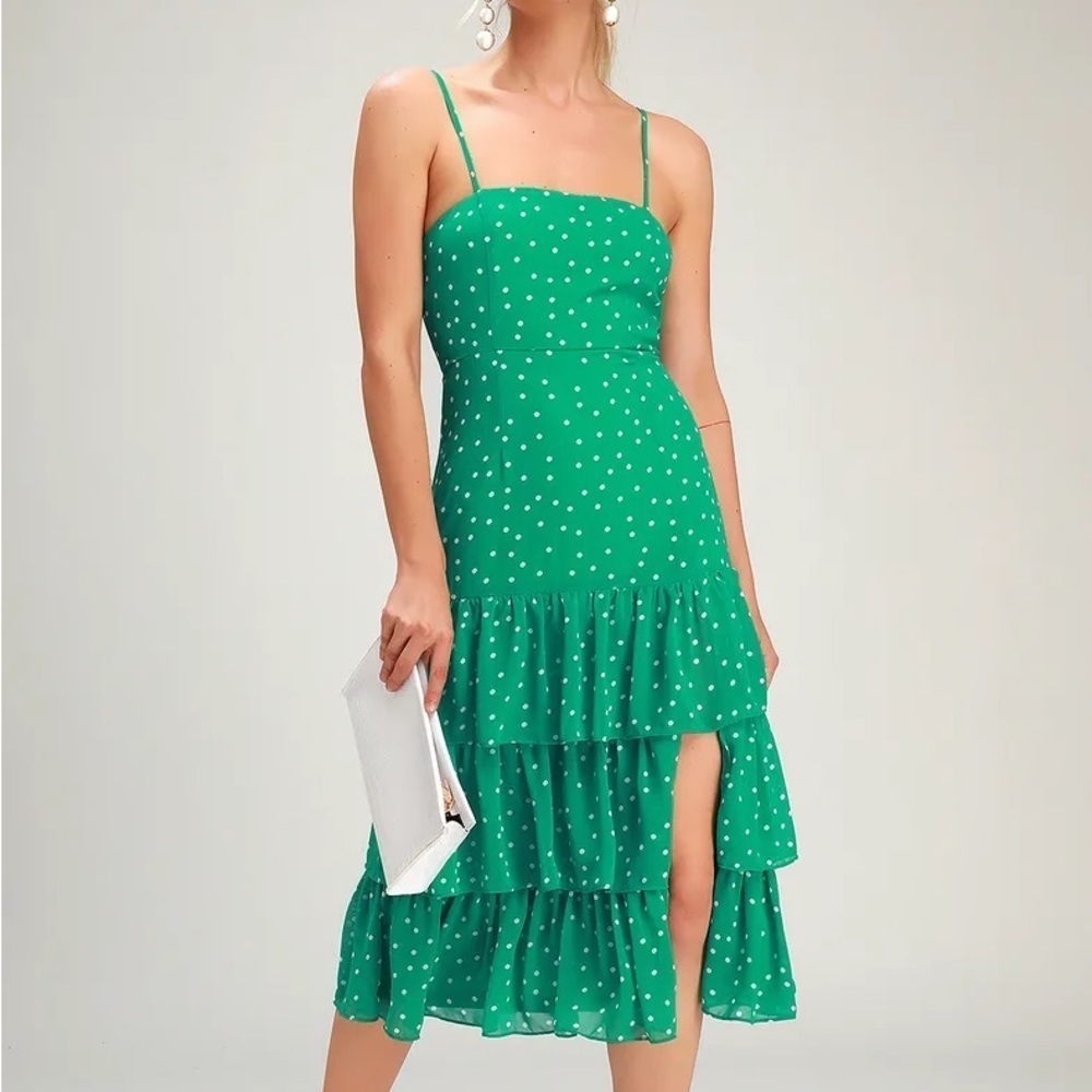 NWOT Lulus Nellie Green Polka Dot Ruffled Midi Dress